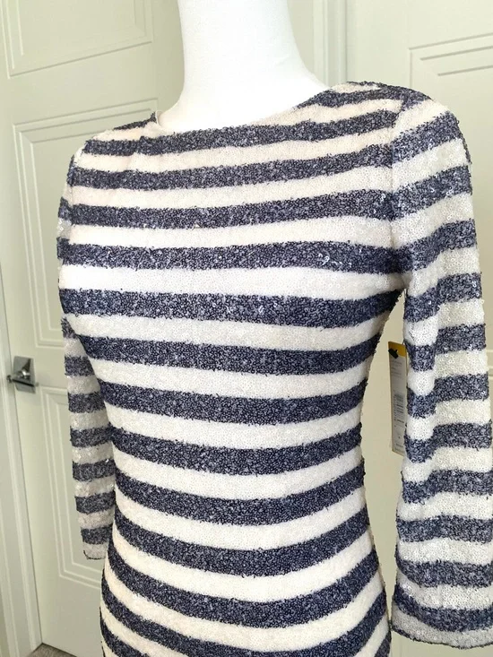 Alice + Olivia Navy & White Sequin Midi Dress NWT Size 6 Party Cocktail Wedding - Picture 4 of 11